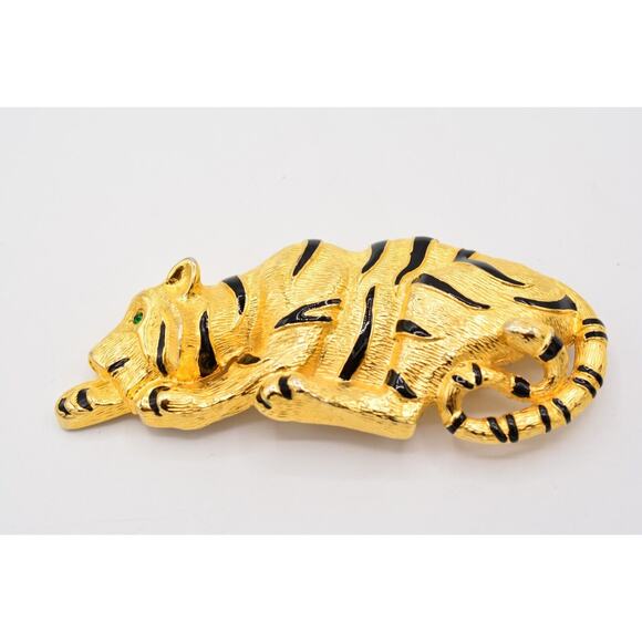 Vintage Tiger Belt Buckle Chunky Brushed Gold Green Rhinestone Crystal 1980s main image 5